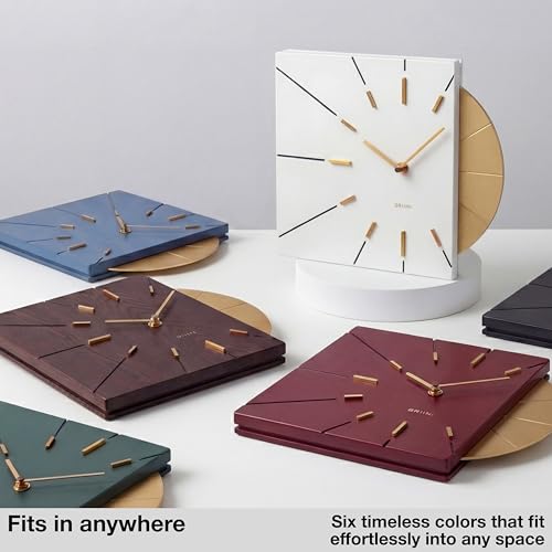 Image of Driini White and Gold Mid Century Modern Wall Clock, Battery Operated | Square MCM face with a minimalist midcentury look. Contemporary decorative analog design for kitchen, office or living room