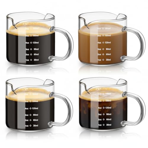 Patelai 4 Pcs 6oz/180ml Espresso Cups, Glass Measuring Cups with Double Spouts & Handle, Scale Espresso Shot Glass Milk Frothed Cup Coffee Accessories for Machines, Milk Frothed, and Bars