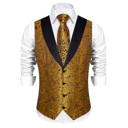 DiBanGu Mens Silk Vest and Tie Set 7PCS Paisley Suit Waistcoat and Necktie with Lapel Pin for Wedding Shawl Collar Dress Vest2