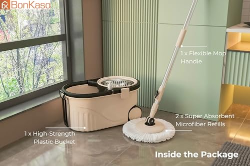 Image of Bonkaso Spin Mop with Stainless Steel Wringer & Big Wheels | 360 Rotating Mop, Adjustable Handle | Easy Floor Cleaning Bucket Set with 2 Microfiber Refills - Beige & Black (46 x 26.5 x 23 cm)