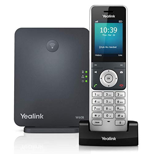 Yealink W60P Cordless DECT IP Phone and Base Station, 2.4-Inch Color Display. 10/100 Ethernet, 802.3af PoE, Power Adapter Included, Model:W60 Package