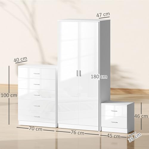 HOMCOM High Gloss 3 Piece Trio Bedroom Furniture Set Wardrobe + Chest Of Drawer + Bedside White - Image 8