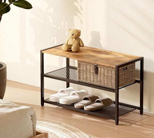 Image of Wooden 3-Tier Shoe Bench with Hanging Heel Storage, Industrial Entryway Organizer, Wooden Top Seating Bench, Metal Mesh Shelves Shoe Rack for Hallway and Closet