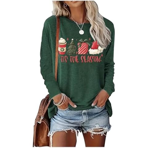 Tis The Season Christmas T Shirt Womens Funny Coffee Santa Tree Long Sleeve Shirts Cute Xmas Vacation Graphic Tee Tops(2X-Large,Green) Cover