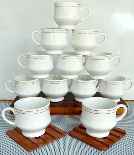 Image of Elegant White Ceramic Tea Cups with Silver Rim, Set of 12 Cups Classic Design.