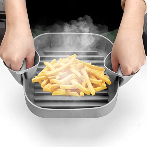 Image of Air Fryer Silicone Pot, 8 inch Air Fryers Oven Basket with Mitts, Replacement of Parchment Paper Liners for 6.5 QT or Bigger Square, Grey