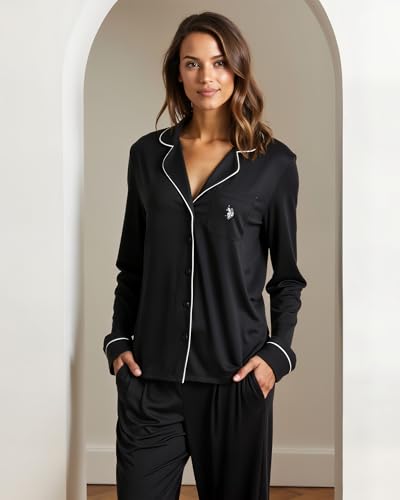 Image of U.S. POLO ASSN. Womens Lightweight Notch Collar Pajama Set | Classic Button Down Pajamas for Women with Long Sleeve Top and Pajama Pants