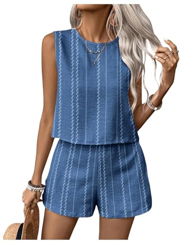 MakeMeChic Women's 2 Piece Outfits Striped Crew Neck Tank Top