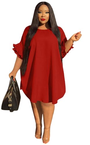 Image of Ekaliy Women's Casual Vintage Ruffle Sleeve Loose Party Midi Plus Size Dress Casual Summer