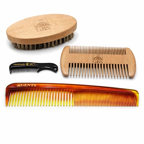G.B.S Premium Beard Grooming Set - Wooden Handle Boar Bristle Beard Brush, Bamboo Wood & Tortoise Pocket Combs for Men