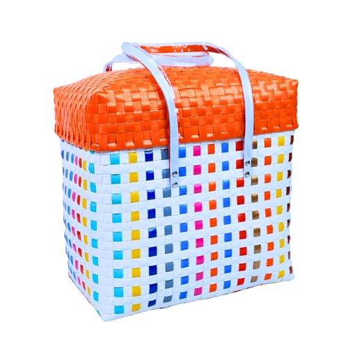 Image of Hand Made Multipurpose Plastic Basket with Lid | Eco-Friendly, Washable, Rust-Free Storage Basket for Kitchen, Picnic, Toys, Travel, Office | Lightweight basket (White with Orange, M)