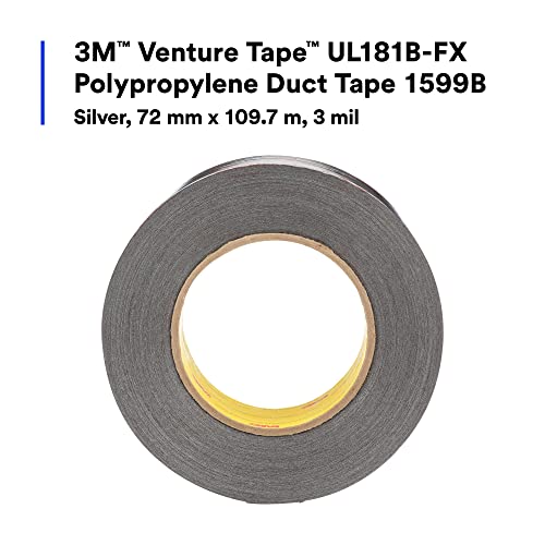 Image of Venture Tape 3M UL181B-FX Polypropylene Duct Tape 1599B, Silver Color, UL Printed, Cold Weather Adhesion, Acrylic Adhesive, Sealing, 2.83 in x 120 yd, 3 mil