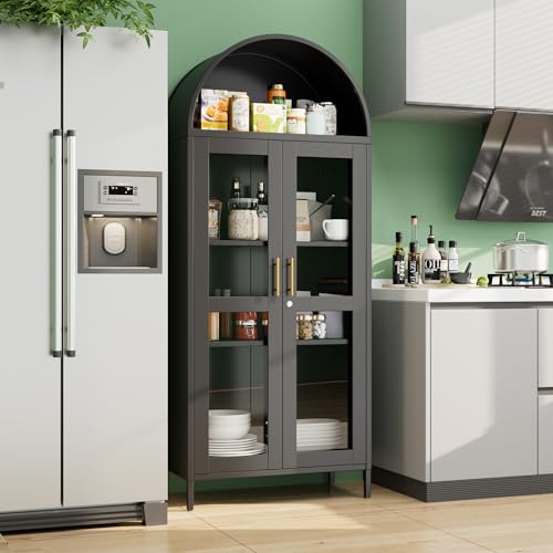 Image of 73 inch Metal Arched Display Cabinet with Glass Doors and Lock | Black steel curio bookcase with 2 adjustable shelves for books, collectibles, and decor; assembly required.