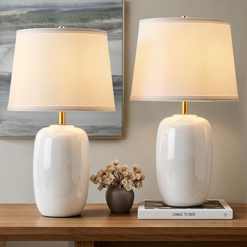 PUSU 22 Inch White Ceramic Table Lamps Set of 2 Fabric Lampshade Desk lamp