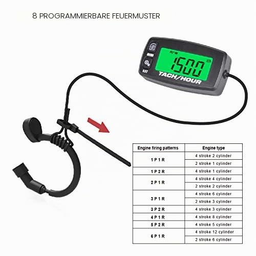 NInE-ROnG Betriebsstundenzähler Drehzahlmesser für Mäher Generator | Gesamtstunden, JOB-Timer, Service-Countdown, RPM und Max-Speicher, 8 Zündmuster, für Mäher, Außenborder, ATV