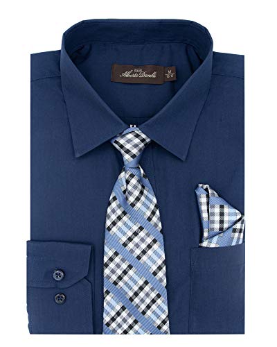 Alberto Danelli Boys Dress Shirt with Matching Tie and Handkerchief, Long Sleeve Button Down, Pocket