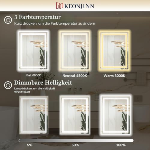 Keonjinn 60x90cm Badezimmerspiegel mit Beleuchtung, Beschlagfrei Badspiegel Beleuchtet mit Touch-Schalter… – Ansicht 5