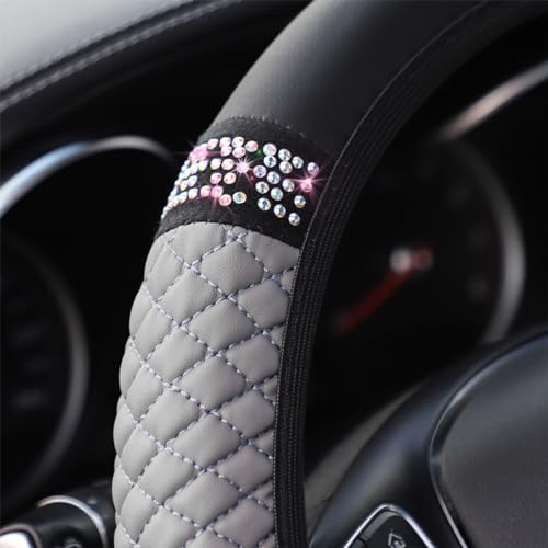 Image of Osilly Bling Car Steering Wheel Cover, 15 Inch Rhinestones Soft Leather Elastic Steering Wheel Protector, Sparkly Crystal Diamond for Women Girls (Gray)