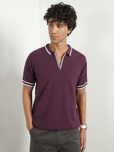 Image of NOBERO Men's Textured Polo Shirt, 100% Cotton Flat Knit, Regular Fit, Vibrant Hues, Classic Polo Collar, Soft & Breathable Casual Wear