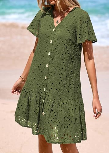 Image of KIRUNDO Eyelet Dresses for Women Button Down Mini Babydoll | 2026 Summer Short Sleeve Boho Sundress, Loose Fit V Neck Short Dress With Pockets, A Line, Cruise Beach Vacation Outfits