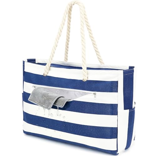 Fammart Beach Bags Waterproof Sandproof for Women Large Canvas Pool Bag with Leakproof Wet Pocket & Zipper Cruise Essentials