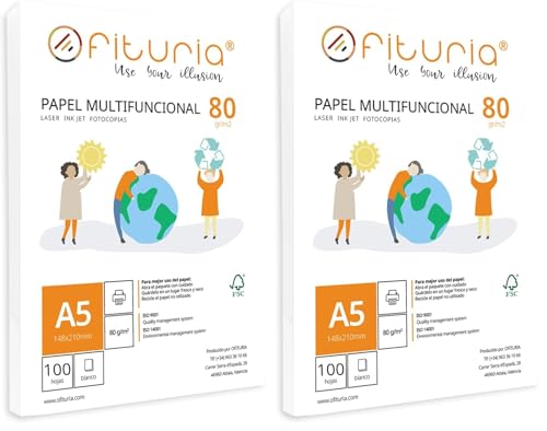 Paquete de folios A5 de 80gr con 100 Hojas Blancas, Papel Multifuncional para Uso Escolar y Entornos Laborales. Ideal con impresoras láser, de inyección o fotocopiadoras - Ofituria (Paquete de 2)