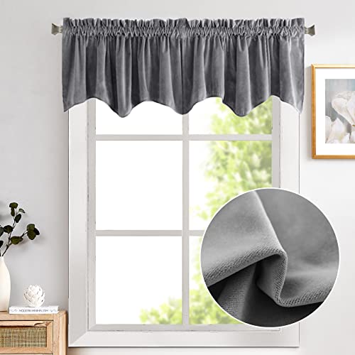 Jinchan Velvet Valance Window Treatments Room Darkening Valance For Windows Scalloped Valance Curtain For Living Room Window Topper Small Window Curtain Rod Pocket 1 Panel 18 Inch Length Grey #TOP28