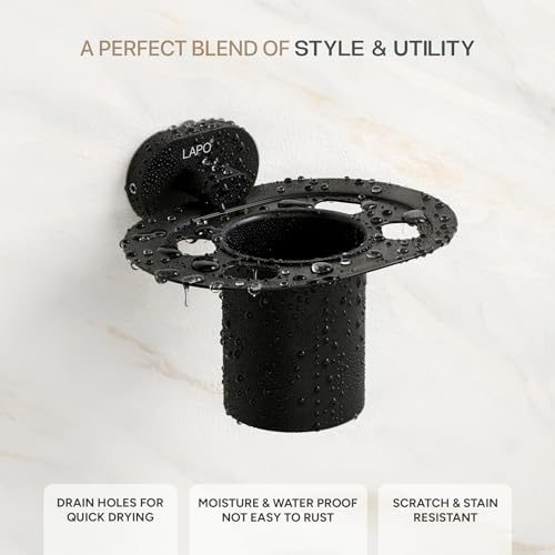 Image of LAPO Modern Tumbler Holder for Bathroom, 304 Stainless Steel Wall Mounted Cup Stand for Toothbrush & Daily Essentials, 25 Years Warranty (Black Finish) - KIK
