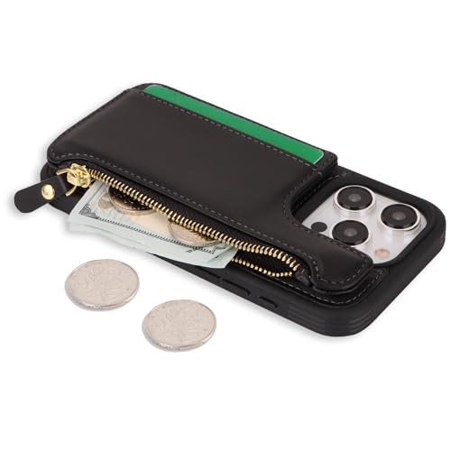 Image of Cavor for iPhone 13 Pro Case with Card Holder,for iPhone 13 Pro Wallet Case for Women Men,Leather Magnetic Clasp Zipper Pocket Protective Phone Cover-Black