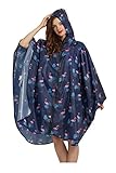 Womens Rain Poncho Stylish Polyester Waterproof Raincoat Free Size with Hood Zipper Various Colors Styles (Deep Blue Flamingo)