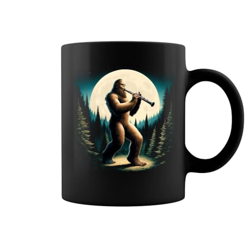 Generic Sasquatch Bigfoot Playing Oboe on Full Moon Oboe Player Oboist Black Mug - Printed on Both Sides, 11oz