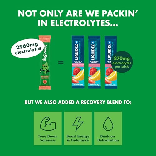 waterboy workout hydration  2960mg sugar free electrolyte powder packets  l-glutamine  vitamins  no sugar all natural gluten free variety