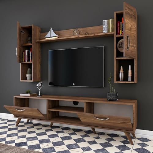 Dmora - Parete attrezzata Lucifer, Composizione Soggiorno, Mobile Salotto Multiuso, Armadio Porta TV, 180x35 h49 cm, Noce