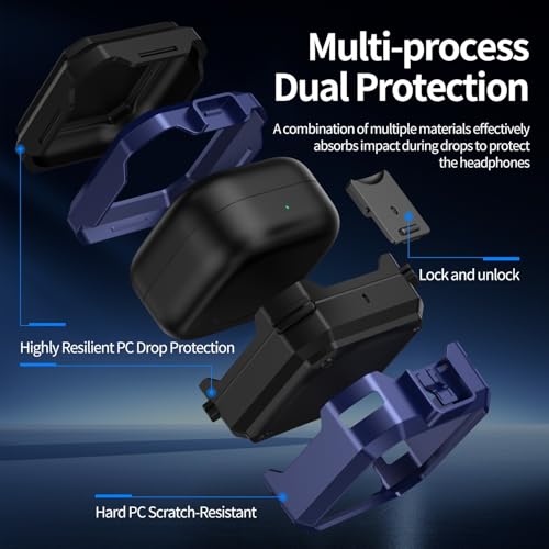 Image of Hybrid Lock Armor Case Cover for Samsung Galaxy Buds 4 and 4 Pro, Rugged, Shockproof with Heavy Duty Carabiner (Navy Blue, Armor with Lock)