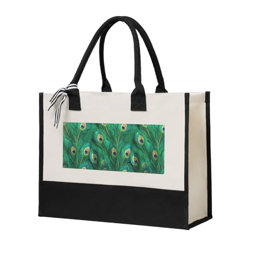 Sac fourre-tout en toile spacieux imprimé plumes de paon