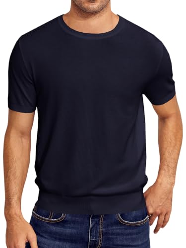 Mens Short Sleeve Knit T-Shirts Crew Neck Slim Fit Stretch Pullover Sweater Casual Solid Basic Knitwear