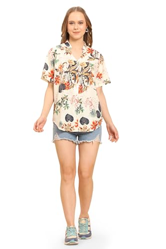 Image of Womens Casual Shirt Soft Beach Shirts Floral Tropic Print V Neck T-Shirt Short Sleeve Button Up Tops (WMS1 Cream M)