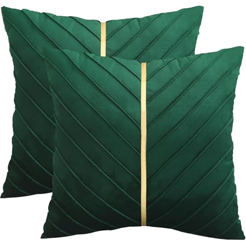 Tosleo Dark Green Velvet Throw Pillow Covers 18x18 inch Pack of 2 with Gold Leather Home Decorative Cushion Cases Luxury Modern Pillow Covers for Sofa Bedroom Livingroom Car