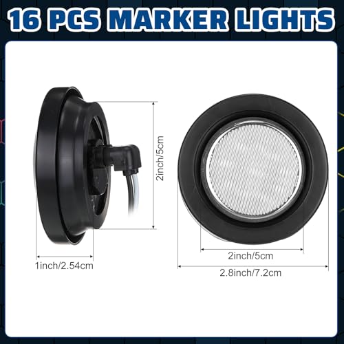 Image of Treela 16 Pcs 2 Inch LED Marker Lights 10 LEDs Round Trailer Light Waterproof Sealed with Rubber Flush Mount Grommet 2 Prong Wire Pigtails for RV Truck Semi Trailer Side Tail Lights(White)