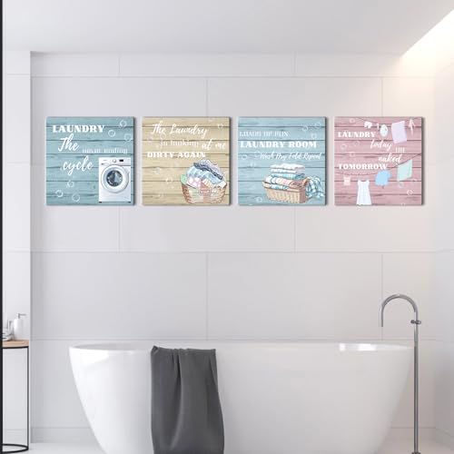 Laundry Room Canvas Wall Art, 12"x12" Funny Laundry Rules Prints Canvas Wall Decor, Rustic Laundry Funny Quotes Poster Printing Artwork for Washroom Bathroom Cleaning Room Laundry Room, Set of 4 - Image 7