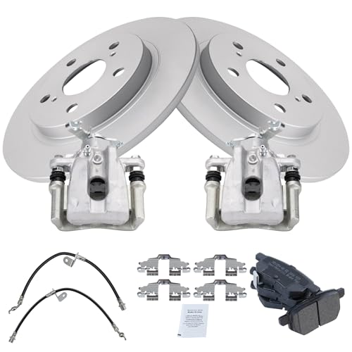 Image of TRQ Rear Brake Pad and Rotor Set Semi Metallic Coated Rotors Calipers Compatible with 2009-2010 Pontiac Vibe 2009-2013 Toyota Matrix