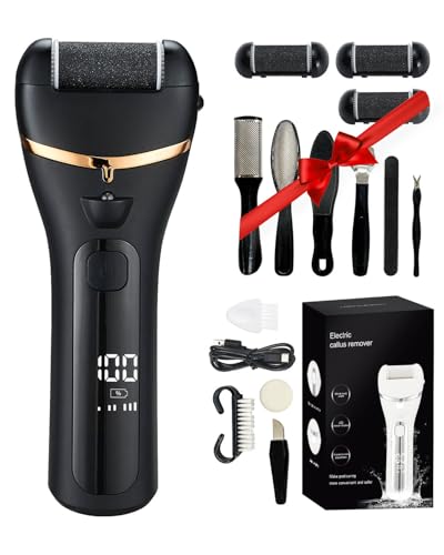 11 in 1 Electric Foot File,Stocking Filler Rechargeable Waterproof Hard Skin Remover,3 Speeds Foot Care Set with 3 Roller Heads,LED Display Visible Battery Level & Storage Bag,Gifts for Man Women