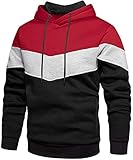 Rave on Friday Unisex Hoodie Rot Patchwork Fleece Pullover Langarm Farbblock Sweatshirt Atmungsaktive Sport Outwear Hoody Casual Tops mit Kanga Tasche und Kordelzug für Herren Damen XL