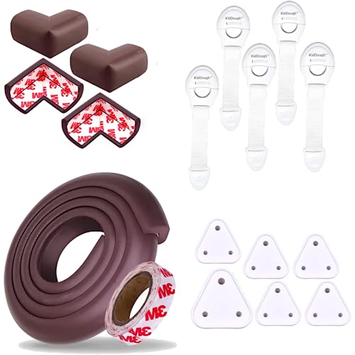 Image of KidDough Baby Safety Proofing Kit - Furniture Edge Protector, Safety Locks, Corner Guards for Sharp Edges, Socket Guards and More, All-in-One Baby Proofing Products (2 mtr Brown Edge Protector Kit)