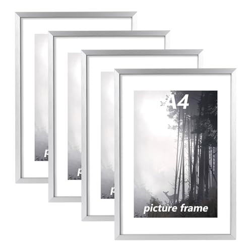 LOPYXBR 4 Stück Bilderrahmen A4 Silber, 21 x 29,7 cm Aluminium Bilderrahmen Din A4, Rahmen A4, Moderner Portraitrahmen mit Bruchsicherem Acrylglas