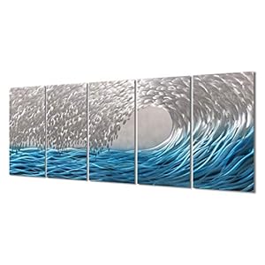 Yihui Arts Metal Wall Art Modern Home Decor Sea Wave Wall Painting Metallic Sculpture (Blue, 32Wx64L(in))