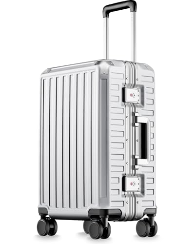 Image of LUGGEX Carry On Luggage with Spinner Wheels, 8010S Aluminum Frame Zipperless Polycarbonate Hard Shell Suitcase (ZX-Core, Silver Ivory, 20 Inch)
