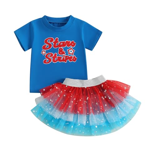 Doqcey Toddler Baby Girl 4th of July Outfit Letters Embroidery Short Sleeve T Shirt Star Tulle Tutu Skirt Set Summer Clothes (Blue, 3-4T)
