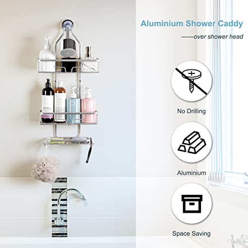 Smusei Shower Caddy Over Shower Head Aluminum Shower Organizer Hanging Bathroom Shower Shelves For Inside Shower 3 Tier Shower Racks With Hooks And Shampoo Soap Razor Holder - Silver #TOP2