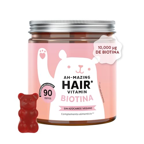 Gominolas Biotina Ah-mazing Hair Vitamin – Para el cabello, uñas y piel - 10.000 µg de Biotina, Zinc, Vitaminas B6, C, E e Yodo – 90 Unidades (3 meses), Vegana, Sin Azúcar, Bears with Benefits